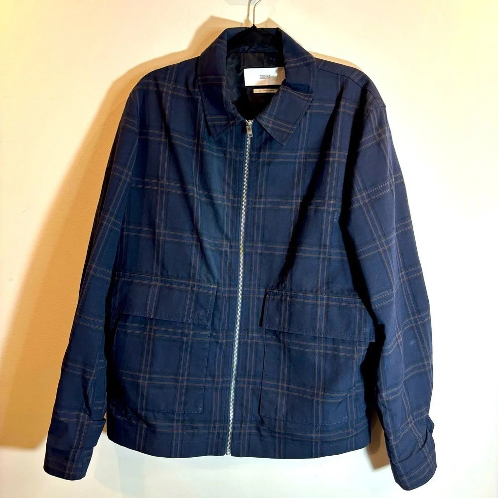 CLOSED Sz L Window Pane Plaid Zip Up Patch Pockets Turned Collar Lined Shacket